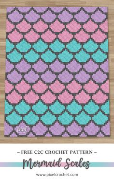 the free crochet pattern for mermaid scales is shown in pink, blue and green