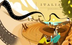 an illustration of people taking pictures in front of a giant snake's mouth, with the words italia on it