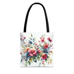 Flower Garden Tote Bag, Bag, Flower Bag, Beach Bag, Everyday Bag, Gift for Her Available in 3 sizes to add both functionality and style, these custom-printed tote bags come with multiple handle colors to match your designs. Made with spun polyester, these bags feature double-stitched seams, cotton webbing straps, and nonwoven laminate lining for high-end durability. Your all-over print is created with dye sublimation for high-end visuals.  .: Made with 100% polyester, a medium-weight fabric (6.49 oz/yd² (200 g/m that is highly durable and perfect for everyday use.  .: 5 color handle options  .: All tote bags come with a non-woven laminate inside, cotton handle, and are available in 3 sizes (1x large storage compartment) so that you can match your customers' needs.  .: NB! Size tolerance 0. Floral Print Everyday Shoulder Bag, Everyday Floral Print Tote Bag, Floral Print Tote Bag For Everyday Use, Green Floral Print Tote Bag, Rectangular Floral Canvas Bag For Everyday Use, Multicolor Flower Shaped Shoulder Bag For Travel, Flower Shaped Multicolor Travel Shoulder Bag, Everyday Rectangular Floral Print Canvas Bag, Green Floral Print Rectangular Bag