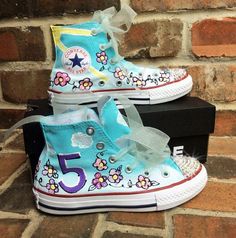 Custom hand painted converse for a little girl, will customize with age, name, colors, and rhinestones Cute High-top Sneakers For Birthday, Fun High-top Sneakers For Birthday, Custom Painted Converse, Hot Pink Converse, Converse Hi Top, Painted Converse, Flowers Name, Pink Purple Flowers, Converse Hi