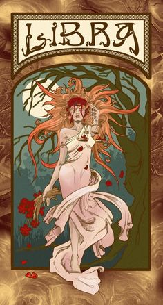 an illustration of a woman with long red hair standing in front of a tree and flowers