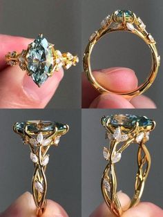 four different views of a gold ring with blue and green stones on it's sides