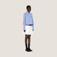 Oversized fit Button-down collar Front button closure Sleeves with shirt cuffs Embroidered logo Straight hem Nappa leather elbow patches Leather Elbow Patches, Shirt Cuff, Elbow Patches, Sapphire Blue, Poplin Shirt, Nappa Leather, Shirt Women, Oversized Fits, Miu Miu