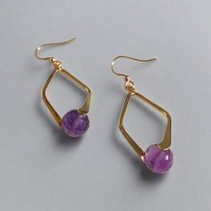 Faceted Amethyst Dangle Earrings - T. Randall Jewelry Gold Crystal Earrings With Faceted Beads, Diamond-shaped Earrings With Ear Wire For Gifts, Gold Faceted Crystal Earrings For Gift, Gold Faceted Brass Jewelry, Nickel-free Diamond-shaped Jewelry For Gifts, Faceted Gold Brass Jewelry, Nickel-free Diamond-shaped Jewelry Gift, Gold Amethyst Round Earrings, Gift Diamond-shaped Earrings With Ear Wire