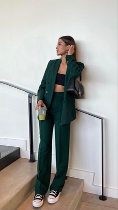 Blazer Set With Sneakers, Outfits To Make Your Legs Look Longer, Trader Joe’s Interview Outfit, Clean Streetwear Women, Suit With No Shirt, Dark Green And Black Outfit, Memorial Service Outfit For Women, Green Outfit Inspo Aesthetic, Buisnesscore Outfit