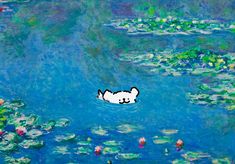 a cat floating on top of a body of water surrounded by lillies and lily pads