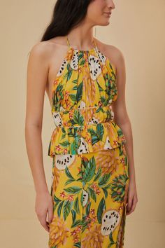 Yellow Biriba Sleeveless Midi Dress – FARM Rio Tropical Print Sleeveless Halter Top For Beach, Sleeveless Tropical Print Halter Top For Beach, Yellow Summer Halter Dress For Vacation, Beachwear Halter Dress For Brunch Sleeveless, Sleeveless Halter Dress For Brunch Beachwear, Green Tropical Halter Top For Summer, Tropical Green Halter Top For Summer, Tropical Halter Top For Summer, Tropical Sleeveless Halter Top For Summer