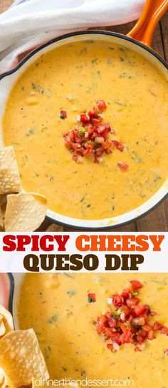 a bowl of spicy cheesy queso dip with tortilla chips on the side