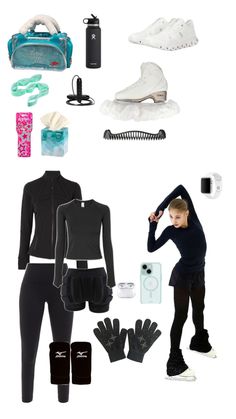 the contents of a woman's running outfit including shoes, gloves and water bottle