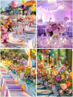 a collage of photos with flowers and candles on the tables in front of them