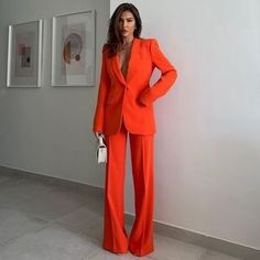 Zara | Other | Nwt Zara 2 Piece Tuxedo Collared Blazer And Fluid Flare Pants Set | Poshmark Carrot Pants Outfit, Flare Pants Set, Graduation Suits, Bell Bottom Trousers, Orange Suit, Orange Blazer, Ladies Blazer, British Fashion, Looks Chic