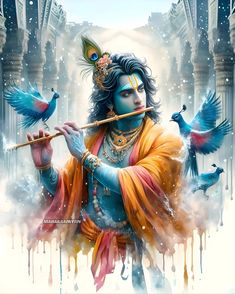 the god is playing flute with birds flying around