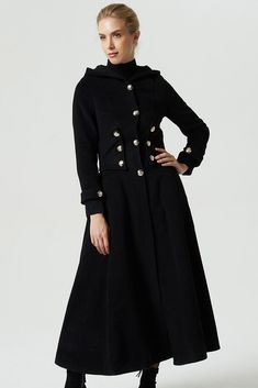 Hooded Wool Coat With Buttons For Fall, Hooded Pea Coat For Workwear, Hooded Pea Coat With Buttons For Workwear, Winter Wool Coat With Covered Buttons, Elegant Winter Outerwear With Snap Buttons, Elegant Hooded Solid Outerwear, Elegant Hooded Wool Coat For Winter, Elegant Solid Hooded Outerwear, Elegant Hooded Outerwear In Solid Color