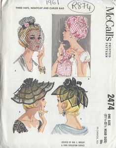 ~ Circa/Date: 1961 ~ Details:   Three style Variation HAT, NIGHTCAP & CURLER BAG  ~ Size/Measurements (Inches):    Head Size: 21 1/2″ - 22 1/2″   ~ Please Note: ~ You are buying a 'Professional Reproduced' copy of this sewing pattern. Copied from the original sewing pattern. Produced in Full Scale Pattern Pieces ready to cut with full instructions included. Reproduced on high quality 50 gm paper with black ink, durable and easier for reuse. Printed by a Professional Printing Company.   ~ With this product comes an accompanying 'Booklet' and inside the Booklet it includes: ~ A 2-page Instructions and Illustrations on 'How to Adjust Your pattern to your Personal Measurement.' ~ Personal Measurement Chart ~ Body Form Illustrations ~ Fitting Checklist ~ Metric Equivalency Chart ~ Note Pages ~ 1960s Hats, Patron Vintage, Rose Hat, Fashion 1960s, Dress Making Patterns, Motif Vintage, Retro Mode, Love Hat, Night Cap