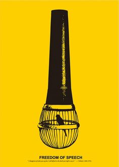 a black and yellow poster with a bird in a cage