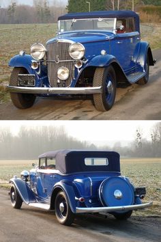 an old blue car is parked on the side of the road in two different pictures