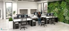 a woman standing in an office cubicle next to a wall with plants on it