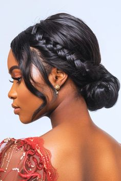 Elegant Crown Braid with Low Bun Prom Hairstyle Idea. Wedding Updos For Medium Hair Black Women, Black Hair Wedding Updo, Bridal Halo Braid, Loose Curl Black Women, Low Bun With Tendrils, Elegant Updo Hairstyles For Black Women, Low Bun Prom Hairstyles Black Hair, Bridesmaid Hairstyles Open Back Dress, Black Hair Buns Updos