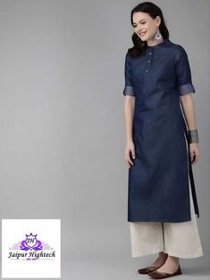 "We bring to you this gorgeous full size kurta top- long blouse- shirt for Young Girls & Women. This designer kurta - tunic has stylish crew neck with unique ¾ sleeves.  This beautiful plus size kurta-top is made of denim cotton fabric so it will be comfortable and stylish. Increase your wardrobe collection as you wear this versatile blouse from the house of Jaipur Hightech. Give yourself a best ethnic look by wearing this exquisite kurta - tunic made in India, this is Regular-Fit and Formal top. This is light weight denim mix cotton material women kurta top long blouse and it will be soft on your skin.   Bottom wear is not included, this is photography purpose only. This is perfect with Pant / Jeans / Trouser / Palazzo. Suitable for Daily Wear in Home, Office, College, Family, Meetings, a Office Outfits Women Kurti, Desi Office Wear, Formal Kurtis For Women For Office, Indian Formal Wear Office For Women, Indian Workwear Women, Formal Indian Wear, Indian Office Wear, Indian Formal Wear, Denim Kurti