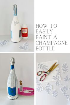 how to easily paint a champagne bottle with stencils and paper leaves on it