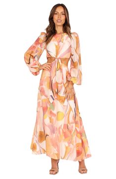 A painterly print enlivens this billowy maxi designed with airy waistline cutouts. Hidden back-zip closure Jewel neck Long sleeves Lined 70% viscose, 30% nylon Hand wash, dry flat Imported Maxi Design, Fall Wedding Guest Dress, Crewneck Style, Wedding Look, Usa Dresses, Strapless Tops, Sleeve Maxi Dress, Dresses By Length, Pink Maxi Dress