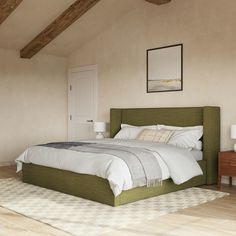 Calabri Napa Moss King Bed Green Bed Frame, Coastal Bedroom Furniture, Green Bed, Modern Style Homes, California King Bedding, Coastal Bedroom, Green Bedding, Wooden Slats, King Bed