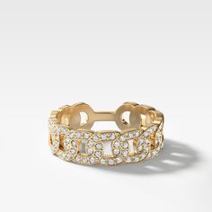 There is so much to admire about this ring: its glimmering round cut diamonds, its graceful linked metal loops, and its master craftsmanship. It is wider than other stackers, but looks sophisticated paired with thinner rings as well. 6.0 mm band 0.25 carats total available in rose, yellow and white gold Luxury Chain Ring With Diamond Accents, Elegant Diamond Chain Link Ring, Stackable Diamond Chain Ring, Elegant Stackable Link Chain Ring, Diamond Ear Cuff, Emerald Diamond Ring, Round Diamond Ring, Pave Diamond Ring, Initial Ring