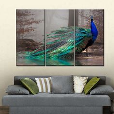 a peacock with its feathers spread out in front of it's reflection on the water