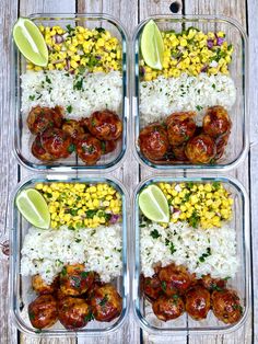 four glass containers filled with rice, corn and meat covered in seasoning next to two lime wedges