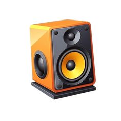 an orange and black speaker with two speakers on it's sides, one in the middle