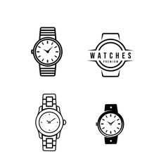 four different watches are shown in this black and white photo, with the words watches on them