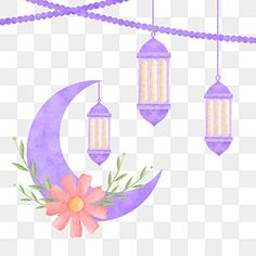 the moon and three hanging lanterns are decorated with flowers, which is also in shades of purple