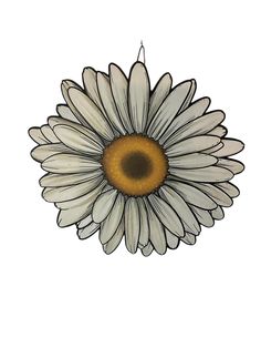 a white flower with yellow center sitting in front of a white background and the bottom half of it's petals