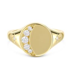 This yellow gold tone signet ring has an moon and star encrusted for extra sparkle. Five round brilliant white stones are set in sterling silver to form a perfect Crescent Moon. Just the right amount of glimmer. An out of this world design with lots of sparkling personality.Carat Weight: 0.605 ctStone Size: 1.5,2.2,2.5 mmStone Type: Jeulia® StoneNumber of Stones: 7 Stone Shape: RoundStone Color: Diamond WhiteWeight: 4.4 gWidth: 2.4 mmHeight: 3.35 mmThickness: 1.1 mmMaterial: 925 SilverPlating Co Celestial Style Polished Diamond Ring, Gold Celestial Diamond Ring, Celestial Style Rings With Diamond Accents, Celestial Style Diamond Signet Ring In Yellow Gold, Gold Crescent Diamond Rings, Celestial Style Round Signet Ring For Anniversary, Gold Diamond Crescent Rings, Celestial Style Round Cut Diamond Ring, Crescent Diamond Ring In Yellow Gold