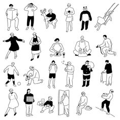 black and white drawings of people in various poses