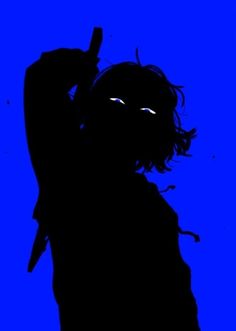 the silhouette of a man with a knife in his hand, against a blue background