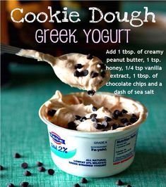 an image of a bowl of food with chocolate chips in it and the text cookie dough greek yogurt