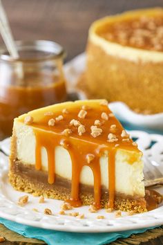 a slice of cheesecake on a plate with caramel sauce