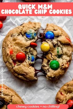 a cookie with m & m chocolate chip cookies on it