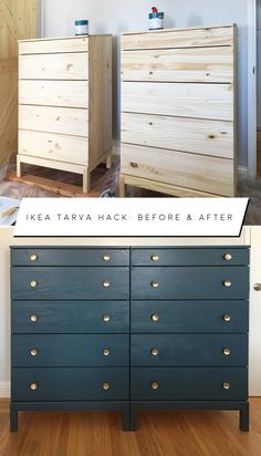 the before and after shots of an ikea tarva dresser with brass knobs