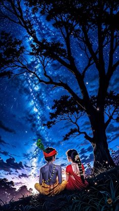 two people sitting on the ground under a tree looking at the stars in the sky