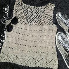 a crocheted tank top and sneakers on a black blanket with the words, free pattern