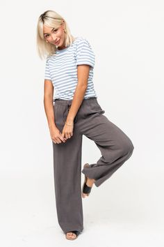 Lightweight material Straight leg Elastic waistband Pockets Fits true to size If between sizes, size up Styled with Margot Tee *OUT OF STOCK? Select your size & sign up for restock notifications. Fabric: 70% Viscose, 30% Linen Wash/Care: Gentle cycle cold, line dry. TRY ON VIDEOS MEASUREMENT & FIT MODEL INFO Casual High Waist Wide Leg Pants With Comfort Waistband, Casual High-waist Wide Leg Pants With Comfort Waistband, Casual Relaxed Fit Bottoms For Workwear, Gray Wide Leg Bottoms For Everyday, Relaxed Fit Tops With Elastic Waistband For Work, Versatile Gray Relaxed Fit Bottoms, Gray Bottoms For Everyday, Everyday Gray Bottoms With Elastic Waistband, Gray Relaxed Fit Bottoms