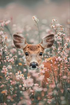 a small deer is standing in the middle of some flowers