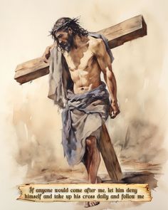 a watercolor painting of jesus carrying the cross