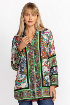 Crafted from 100% sumptuous silk, the Delia Tunic offers a brilliant combination of color and pattern. Featuring a traditional collared button-front and a beautifully ornate pattern with contrasting border designs is finished with roll-tab sleeves and a shirttail hem. Pair with classic black leggings and flats for a timeless casual look. Johnny Was Women's Delia Tunic in Cachemir Scarf Print White, Size Large, Silk Long Sleeve Silk Blouse With Vibrant Print, Elegant Fitted Tops With Printed Motifs, Multicolor Print Long Sleeve Silk Blouse, Silk Long Sleeve Multicolor Print Blouse, Multicolor Print Silk Long Sleeve Blouse, Silk Long Sleeve Blouse In Multicolor Print, Luxury Multicolor Silk Tops, Multicolor Silk Collared Blouse, Silk Tops With Vibrant Print And Long Sleeves