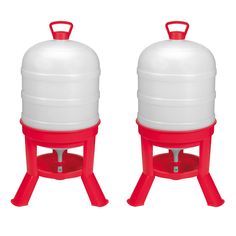 two large white and red tanks sitting next to each other on top of a stand