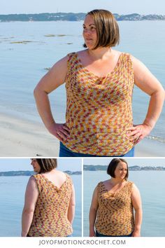 a woman is standing on the beach with her hands on her hips and wearing a tank top