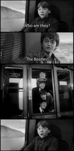 the beatles are riding on a bus and one is talking to another person with his head in