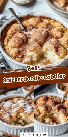 a collage of photos showing different types of desserts in baking pans with the words best snickkerdoodle cobble cobbler on top